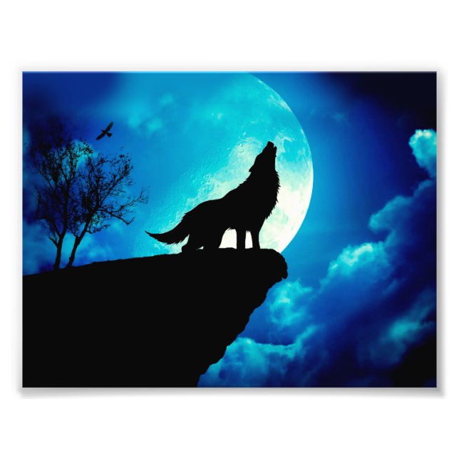 Impression Photo Loup en silhouette hurlant à la pleine lune (Devant)