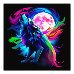 Impression Photo Loup hurlant néon avec pleine lune – Rai psychédél