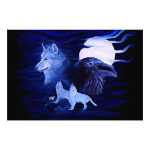 Impression Photo Loups et corbeau avec pleine lune