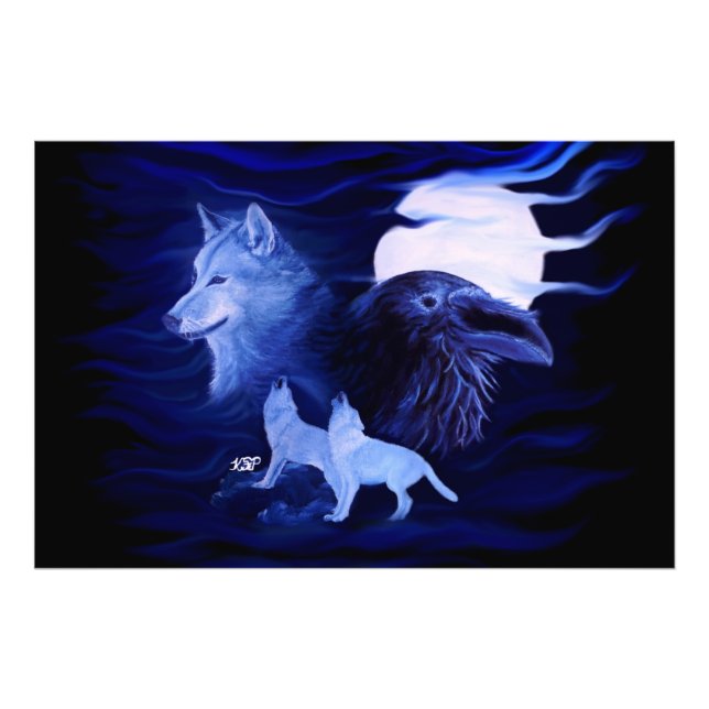 Impression Photo Loups et corbeau avec pleine lune (Devant)