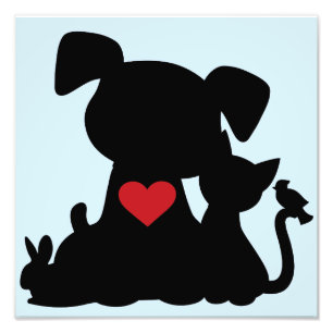 Impression Photo Love Chiot et Kitten Silhouette Bleu