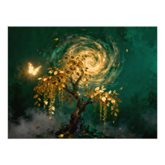 Impression Photo Magical Tree with Butterfly and Swirling Galaxy