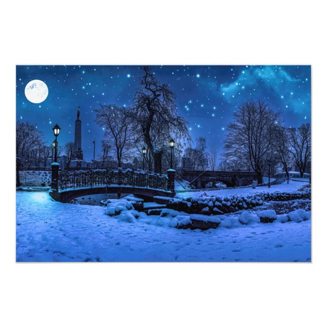 Impression Photo Magique nuit d'hiver avec ciel étoilé et pleine lu (Devant)