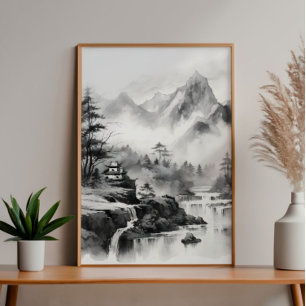 Impression Photo Maison asiatique en montagne Peinture à l'encre