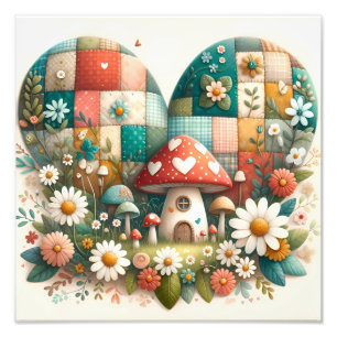 Impression Photo Maison Champignon Cœur Patchwork Fantaisiste