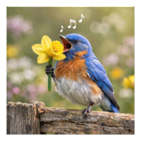 Merle bleu chantant dans une trompette de daffodil