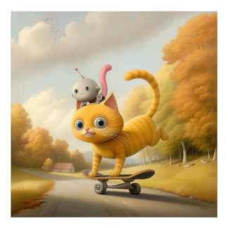 Impression Photo Merveilleux chat et petit robot : compétences skat