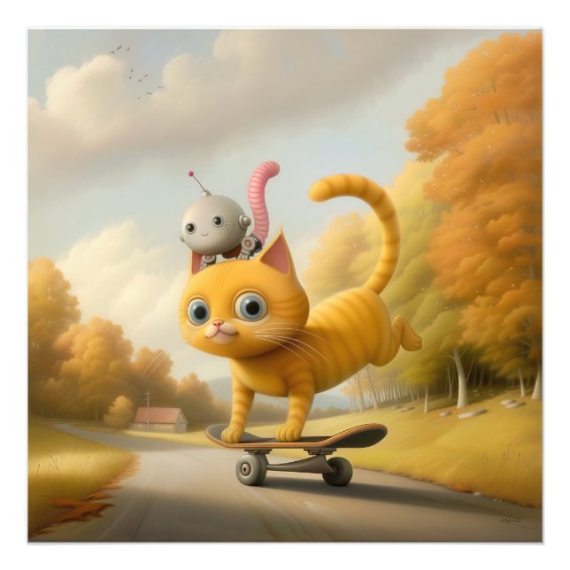 Impression Photo Merveilleux chat et petit robot : compétences skat (Devant)