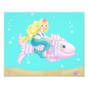 Impression Photo Mignonne sirène sur un poisson rose