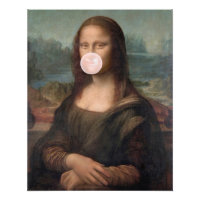 Mona Lisa soufflant un bubble gum rose 