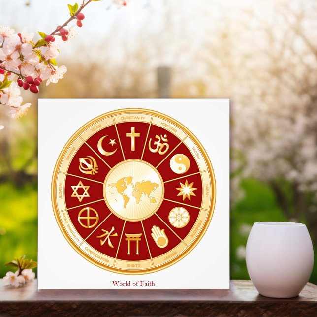 Impression Photo Monde de la foi (World of Faith Photo Print.
Gold symbols of international religions surround a world map. )
