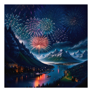 Impression Photo Montagne Twilight avec feux d'artifice