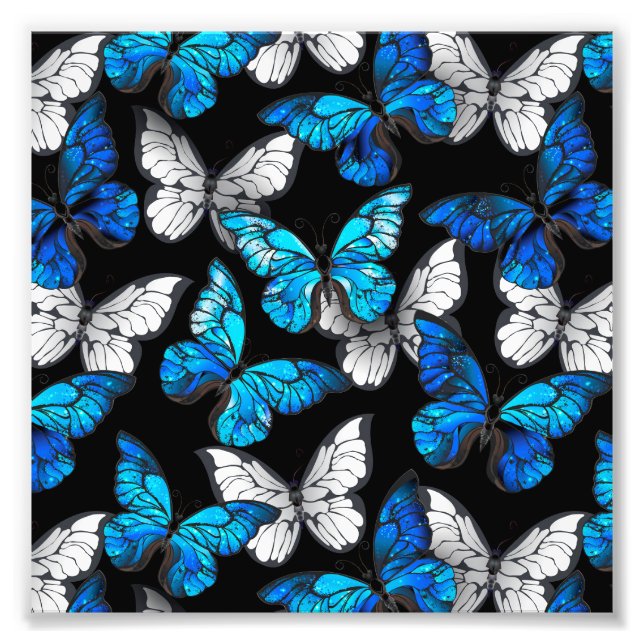 Impression Photo Motif sans couleur foncée avec papillons bleus Mor (Devant)