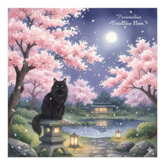 Impression Photo Mystical Night Sakura: Black Cat in Moonlit Japan