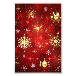 Impression Photo Noël Golden Snowflakes sur Arrière - plan rouge