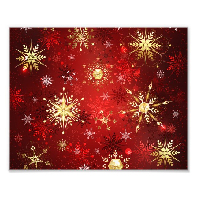 Impression Photo Noël Golden Snowflakes sur Arrière - plan rouge (Devant)