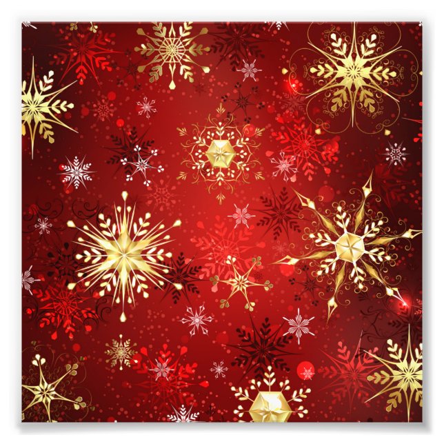 Impression Photo Noël Golden Snowflakes sur Arrière - plan rouge (Devant)