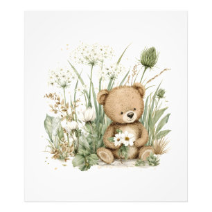 Impression Photo Nounours mignon à l'aquarelle avec fleurs sauvages