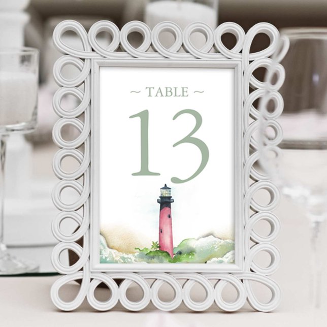 Impression Photo Numéro de tableau Watercolor Beach Wedding 4x6 (Beach wedding table number with Jupiter Lighthouse watercolor art by Victoria Grigaliunas)