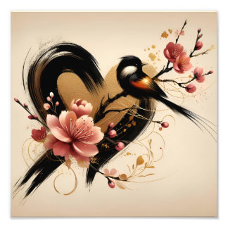 Impression Photo Oiseau Noir et Cœur de Fleur de Cerisier