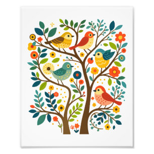 Impression Photo Oiseaux et fleurs Art populaire scandinave