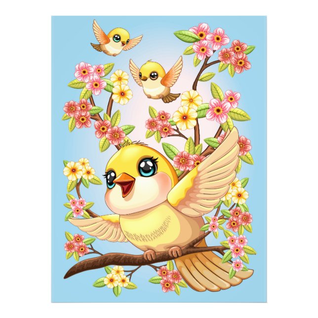 Impression Photo Oiseaux mignons et heureux parmi les fleurs du pri (Devant)