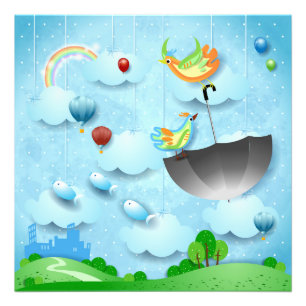 Impression Photo Oiseaux volants et parapluie sur la ville