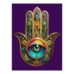 Impression Photo Orné Hamsa Coloré Or Sur Fond Rouge Troisième Œil 