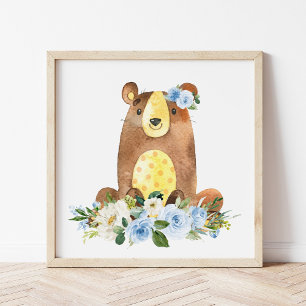 Impression Photo Ours, Animaux Boisés, Boho, Fleurs Bleues