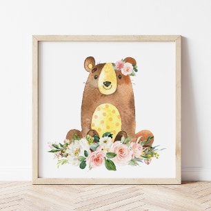 Impression Photo Ours, Animaux Boisés, Boho, Fleurs Roses