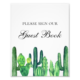 Impression Photo Pancarte de livre d'or cactus vert. Mariage d'été 