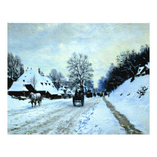 Impression Photo Panier sur la route couverte de neige avec la ferm