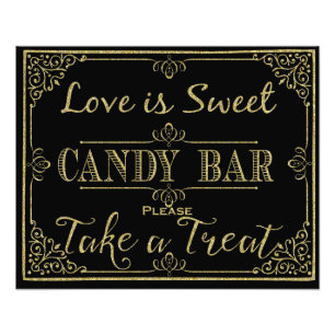 Impression Photo panneau mariage de bar à bonbons noir et or glitat