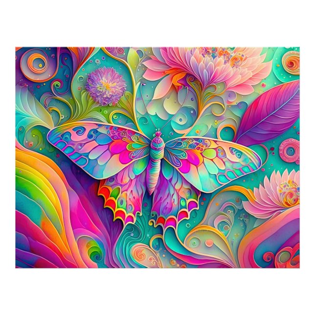Impression Photo Papillon psychédélique coloré et fleurs (Devant)