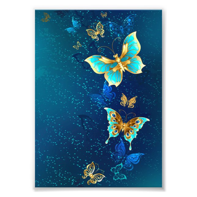 Impression Photo Papillons d'or sur un Arrière - plan bleu (Devant)