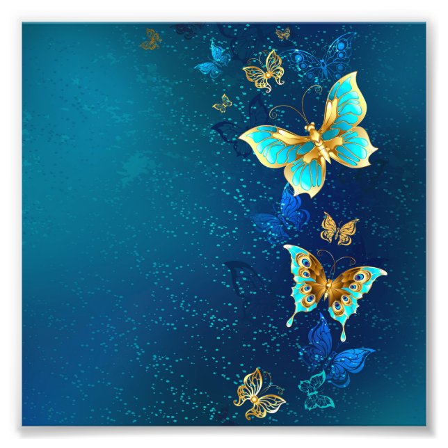 Impression Photo Papillons d'or sur un Arrière - plan bleu (Devant)