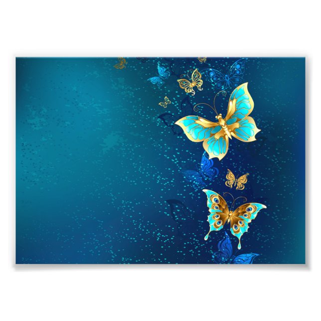 Impression Photo Papillons d'or sur un Arrière - plan bleu (Devant)