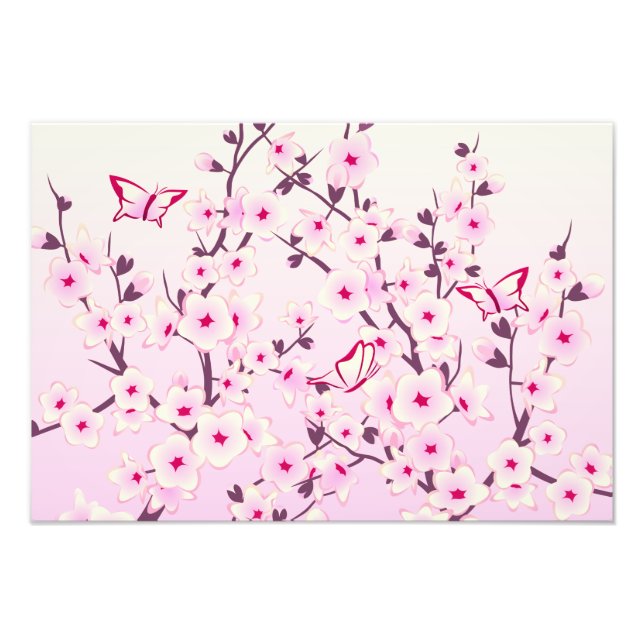 Impression Photo Papillons floraux roses aux fleurs de cerisier (Devant)