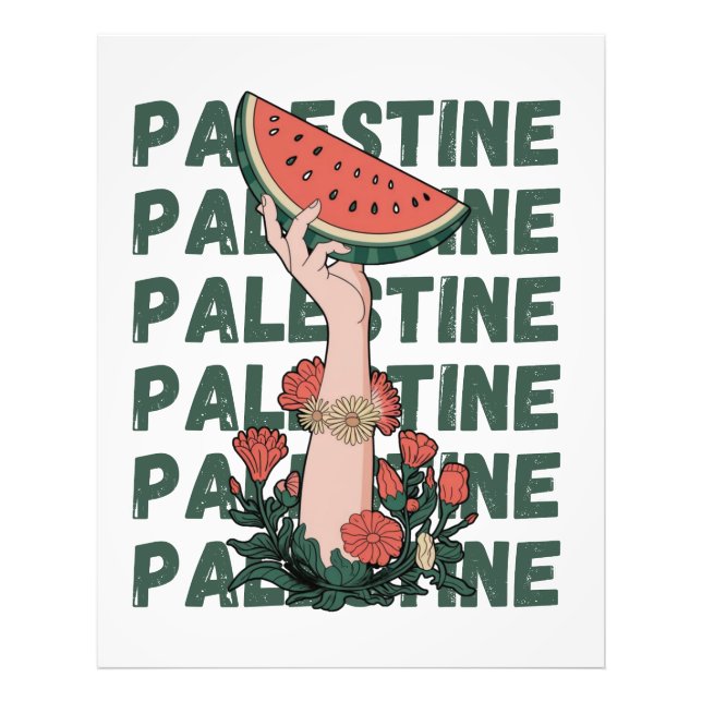 Impression Photo pastèque, fleurs et palestine Texte Répéter (Devant)