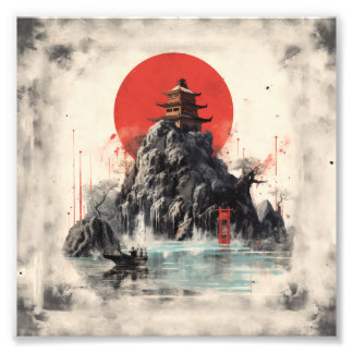 Impression Photo Paysage chinois avec petite maison en hauteur