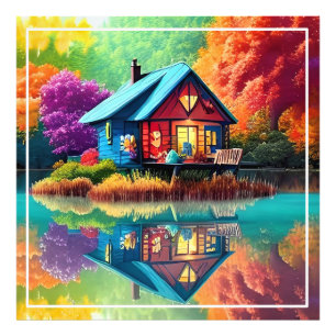 Impression Photo Paysage naturel avec lac, chalet, automne