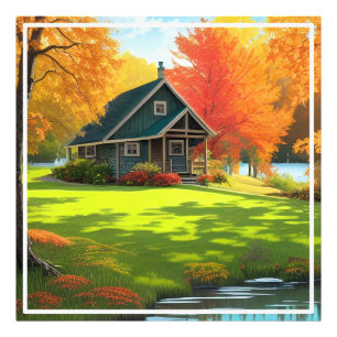 Impression Photo Paysage naturel avec lac et chalet