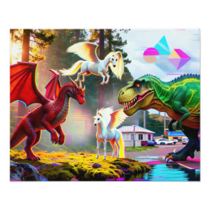 Impression Photo Pégase, dragon et dinosaure mythiques et préhistor