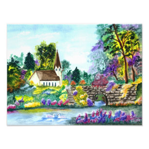 Impression Photo Peinture aquarelle de l'église de campagne