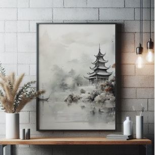 Impression Photo Peinture asiatique à l'encre de maison et de navir