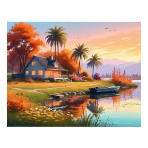 Impression Photo Peinture de coucher de soleil nature avec lac, Cot