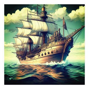 Impression Photo Peinture D'Un Navire Avec Les Voiles Dessus-56358