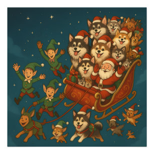 Impression Photo Père Noël avec des chiots joyeux et des lutins !