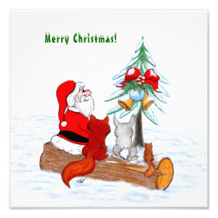 Impression Photo Père Noël avec Renard de lapin et écureuil
