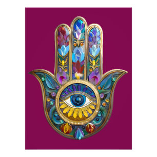 Impression Photo Pétales Colorés Feuilles Hamsa Saphir Troisième Œi